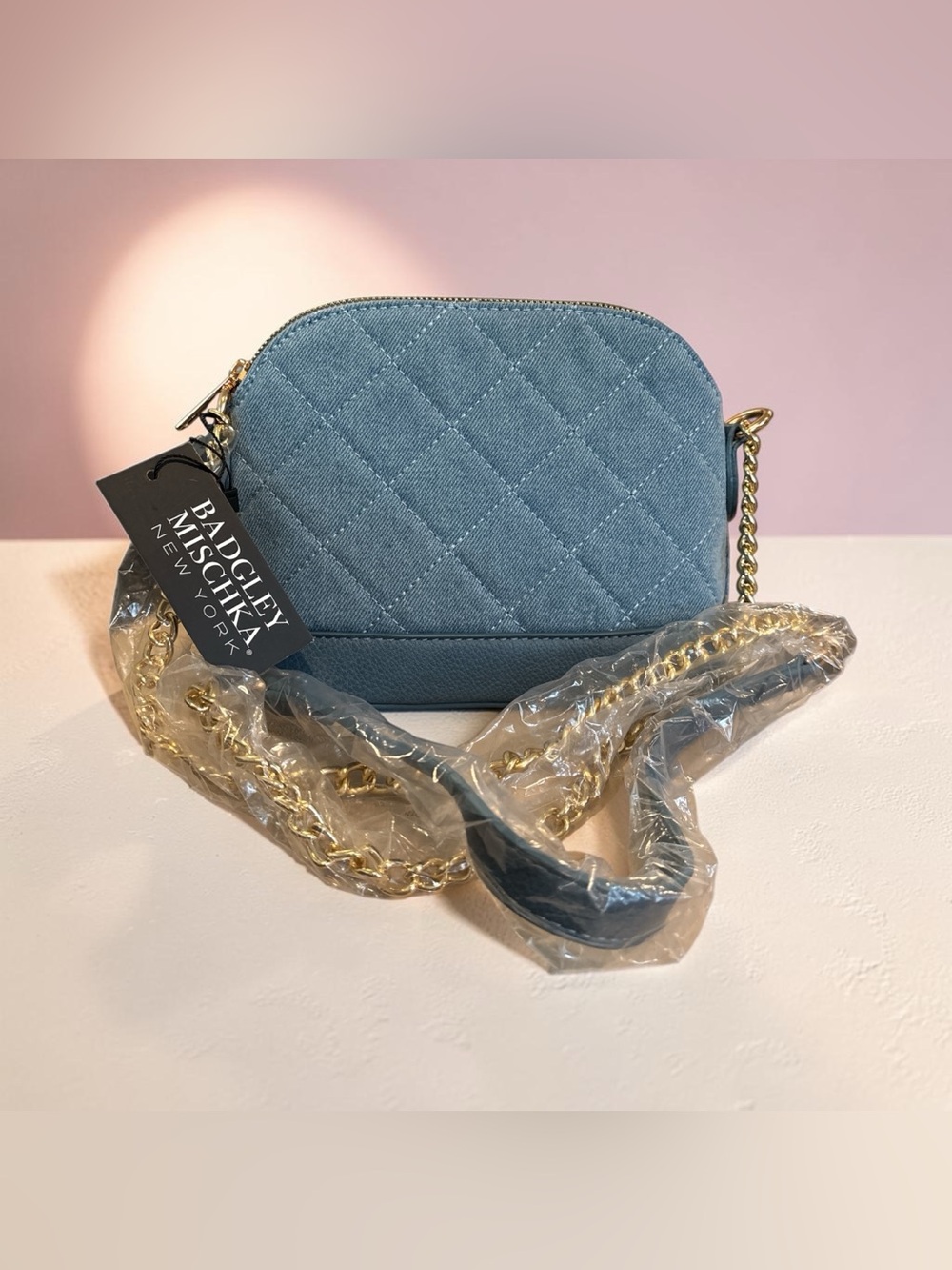 NWT Badgley Mischka Elle Denim Quilted Dome Crossbody Bag Gold Chain Blue